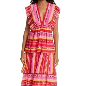 Farm Rio Lucy Stripes Pleated Midi Dress Size Large 291081